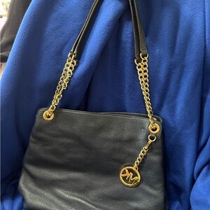 Michael Kors navy Leather Shoulder Bag with Gold Accents